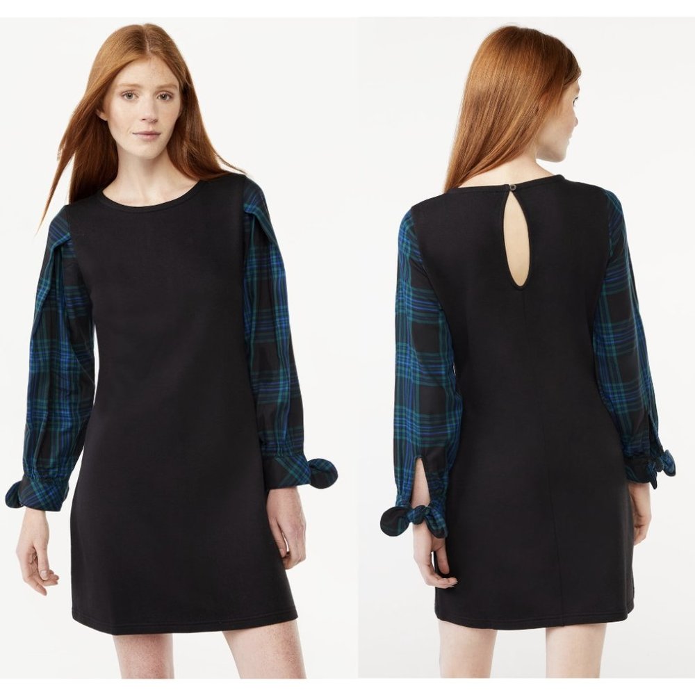 NWT Free Assembly Women's Pleated Shoulder Mixy Mini Dress with Tie Cuffs